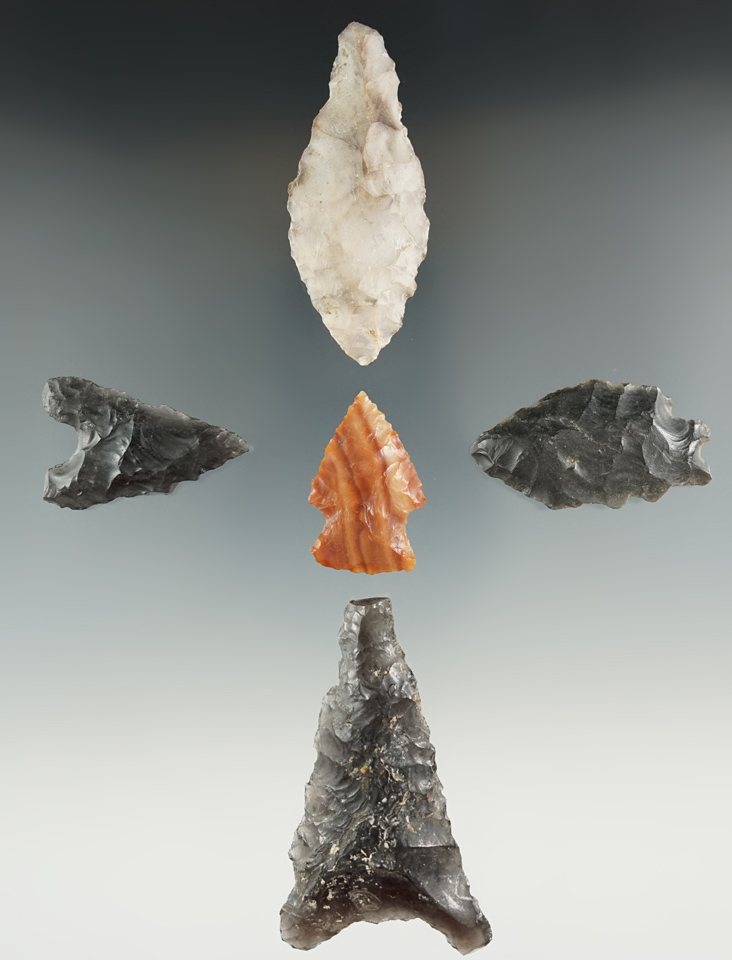Set of five assorted artifacts found in Oregon, largest is 2 1/2".