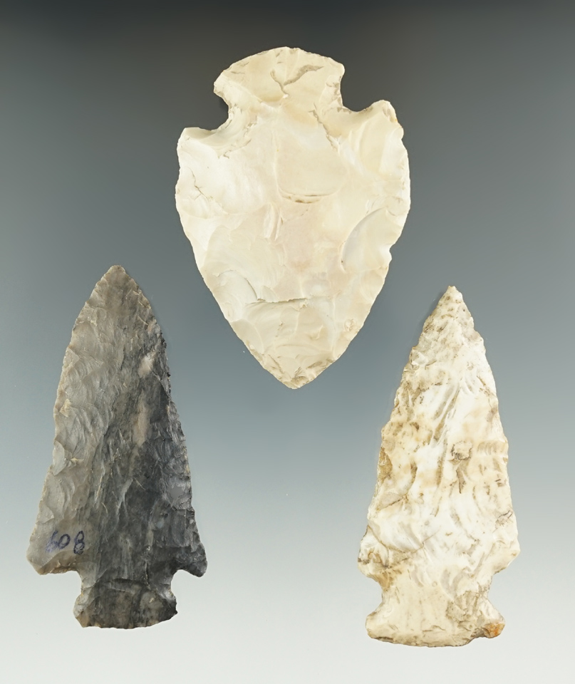 Set of three Flint artifacts found in Ohio, largest is 2 5/8".