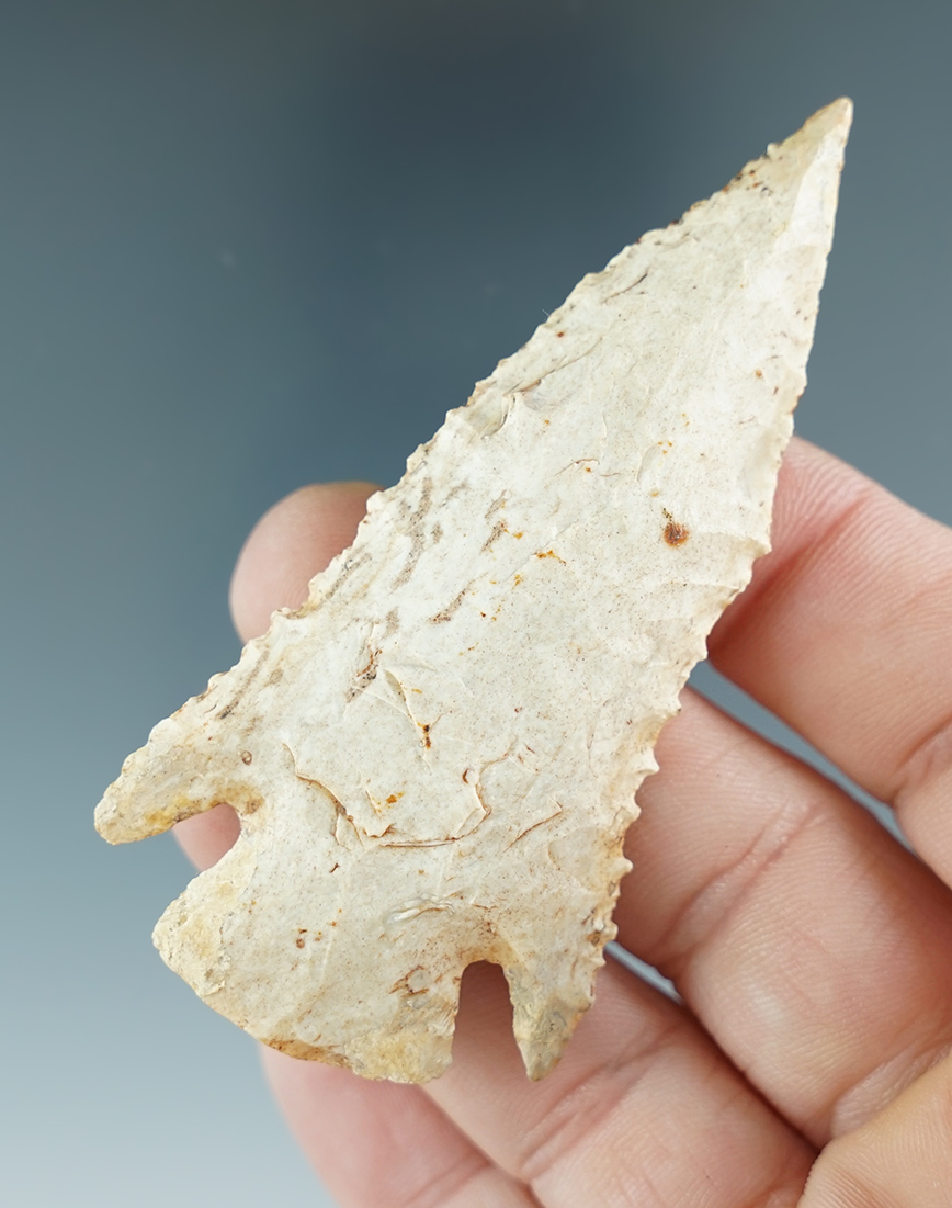 Excellent style on this 3" Pine Tree point found in Limestone County Alabama. Minor restoration