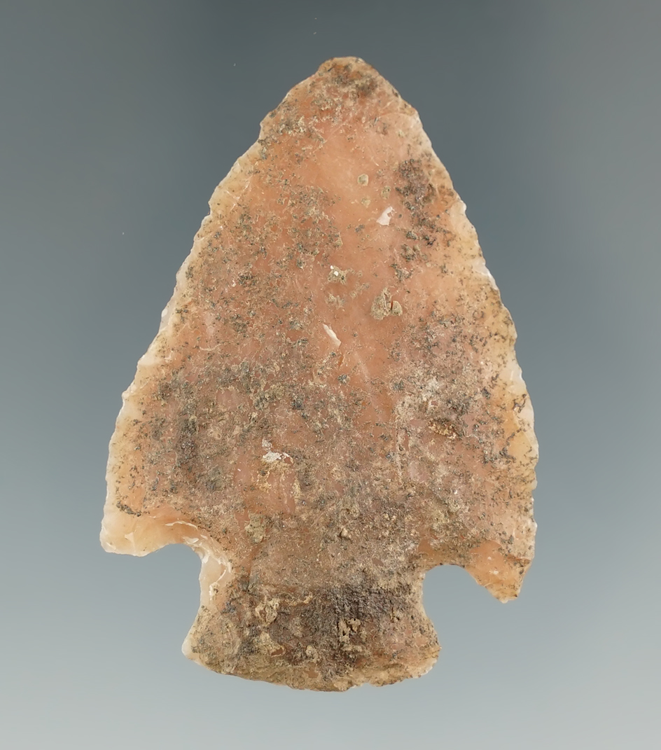 Heavily patinated 2 1/16" Cornernotch found in Arkansas - heavily patinated pink novaculite