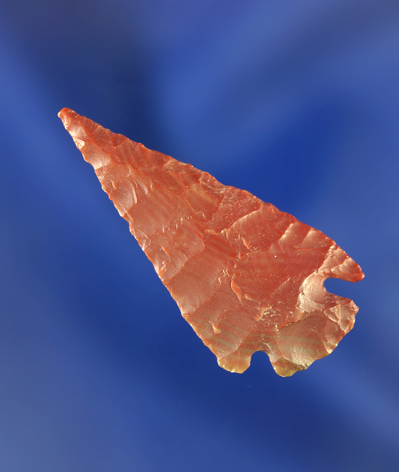 Exceptional flaking and style on this beautiful 1 5/16" red Jasper Pelican Lake. Wyoming.