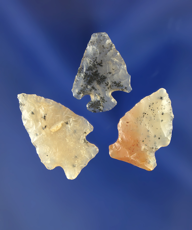Set of three beautiful arrowheads made from dendritic agate, largest is 13/16". Wyoming.