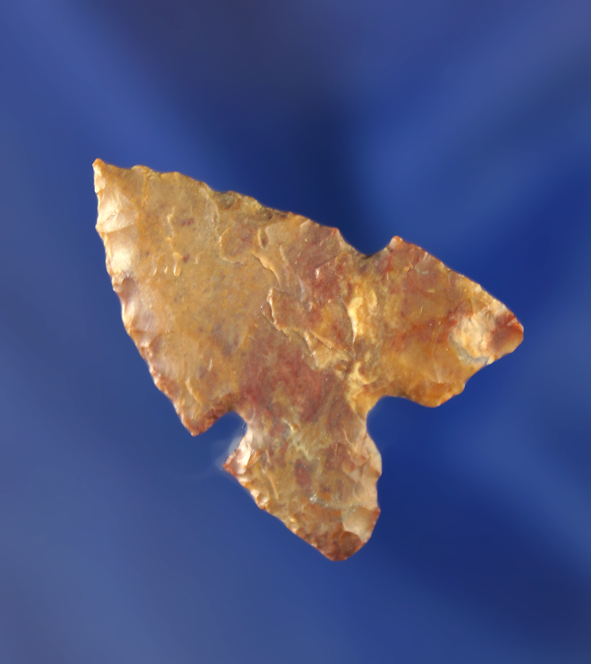 Excellent style on this 1 1/4" Mallory point made from beautiful multi-colored red Flint. Wyoming.