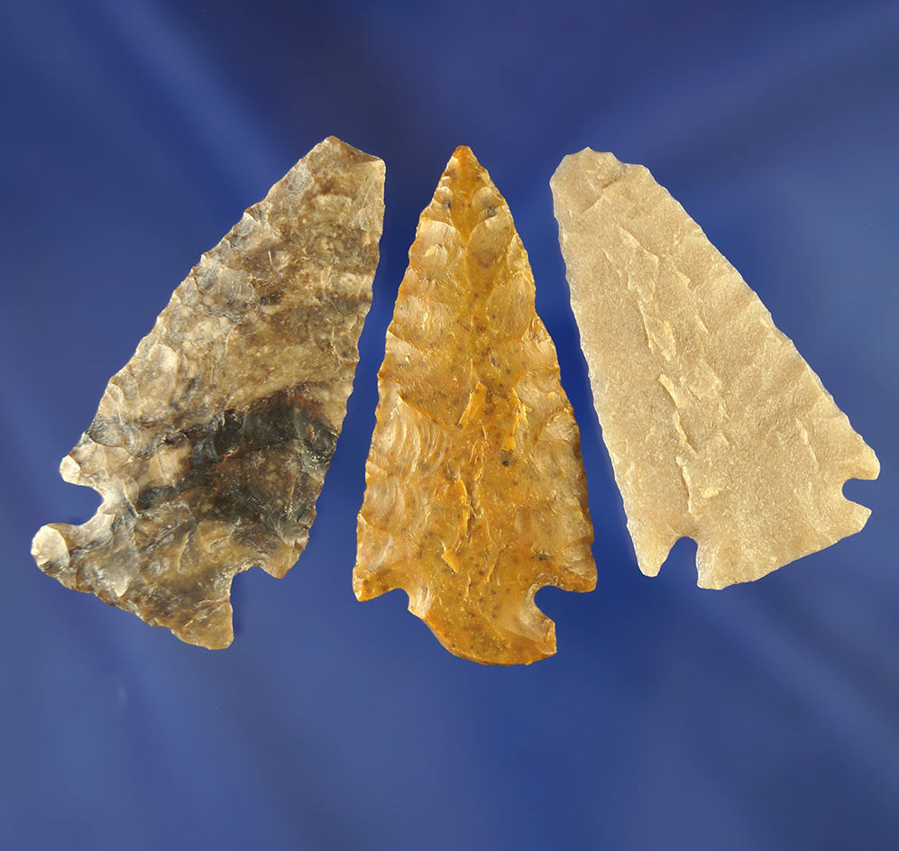 Set of three restorable arrowheads with minor damage, largest is 1 13/16". Wyoming.