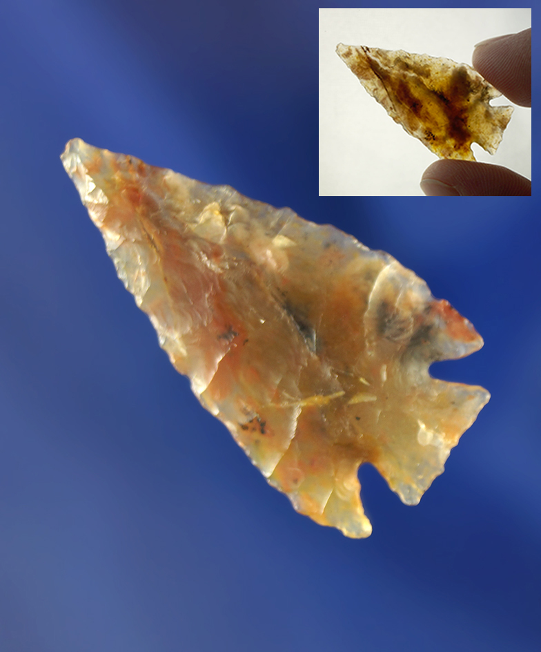 Very thin and well flaked 1 5/16" Foothill Corner Notch - incredible translucent agate. Wyoming.