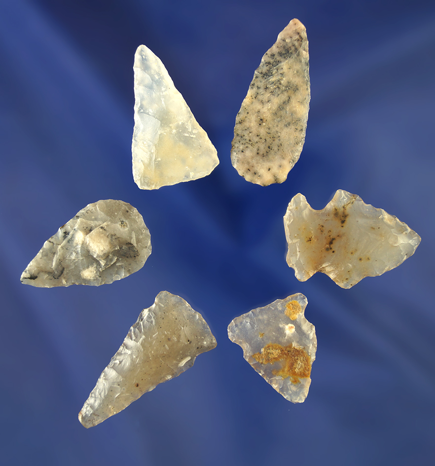 Set of six assorted arrowheads made from quality material, largest is 1 9/16". Wyoming.