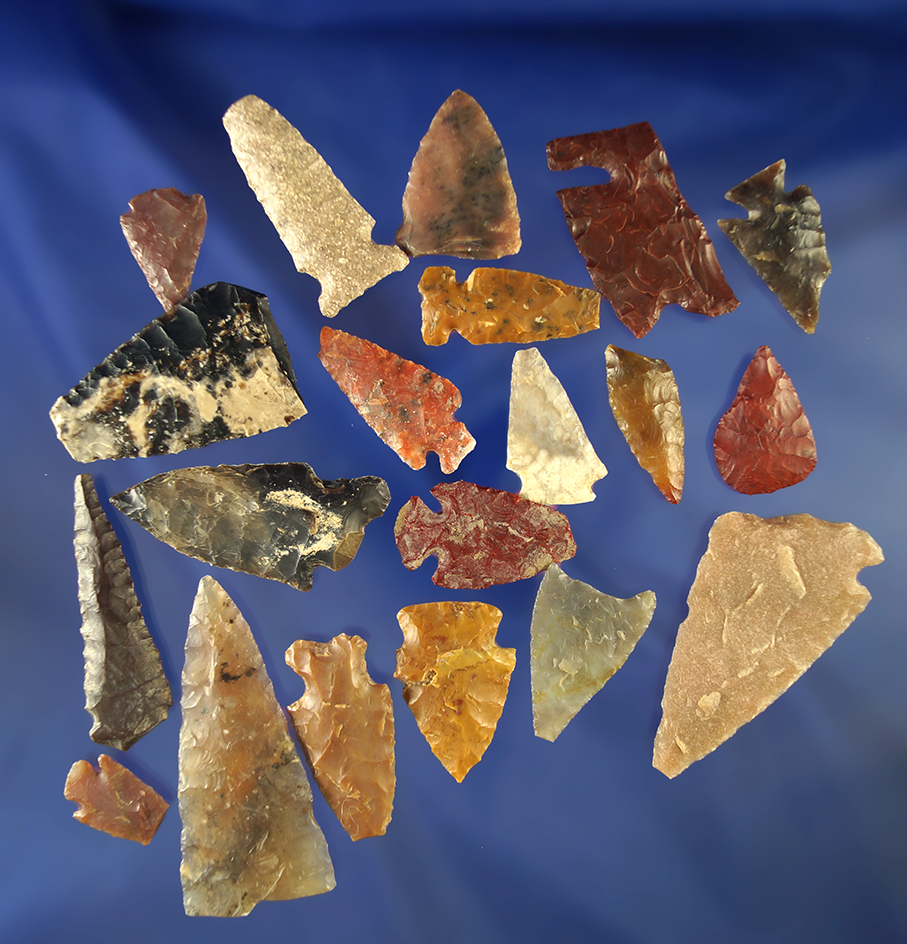 Set of 20 arrowheads with some degree of damage, largest is 2". Wyoming.