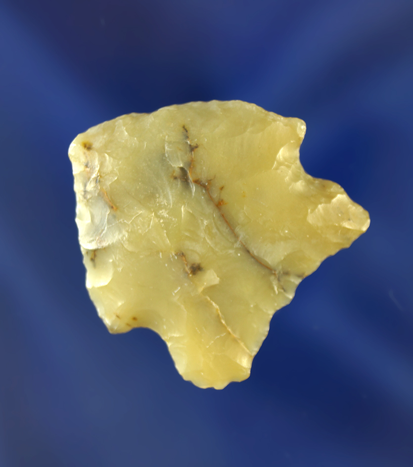 1 3/16" Oxbow point made from attractive chalcedony. Wyoming.