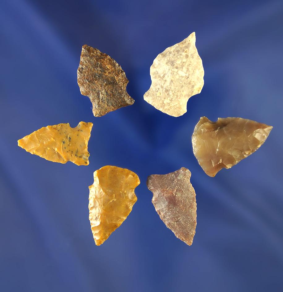 Set of six assorted arrowheads, largest is 1". Wyoming.