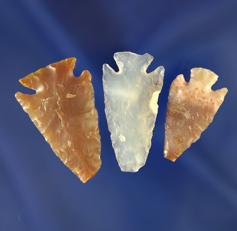 Set of three beautiful arrowheads that are nicely made with unfortunate tip nicks.   Wyoming.