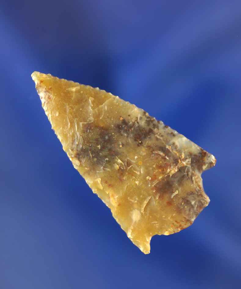 1 1/2" Stemmed arrowhead - beautiful multicolored semi translucent dendritic agate. Wyoming.