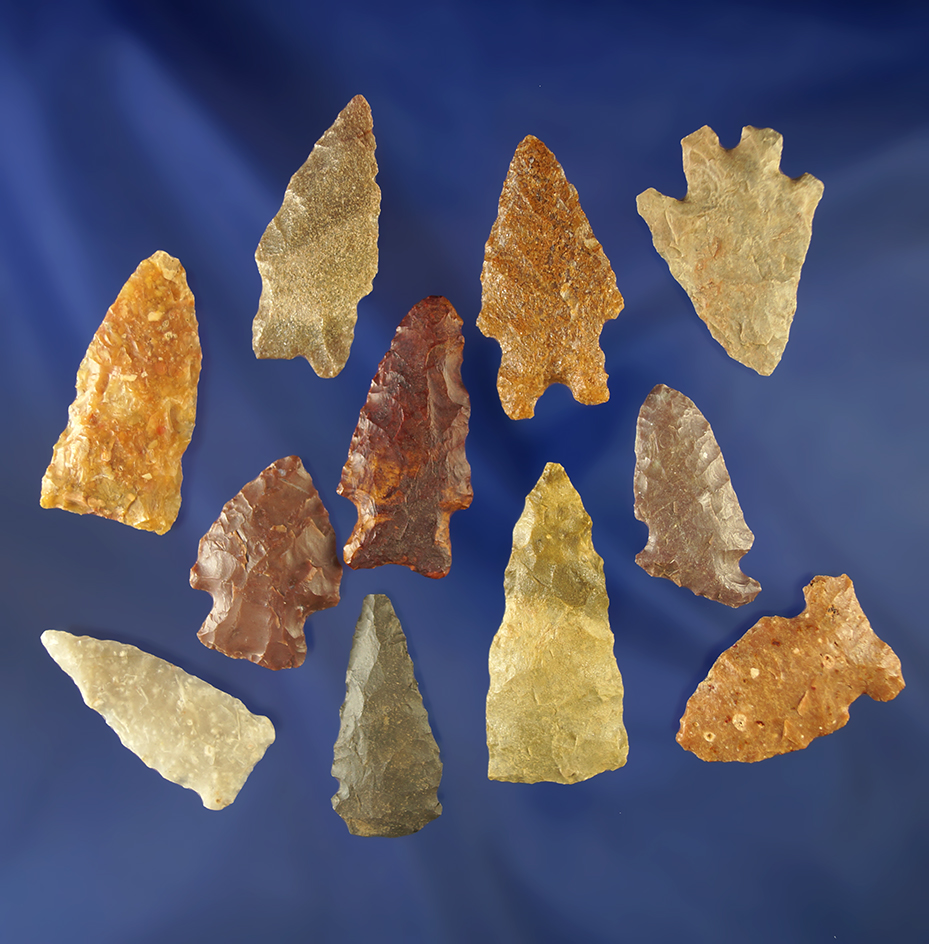 Set of 11 assorted arrowheads in various conditions, largest is 1 11/16". Wyoming.
