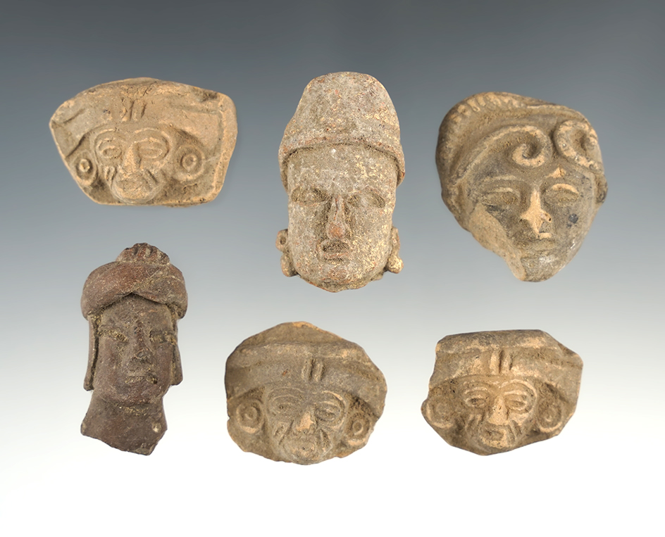Set of 6 Pottery Heads found in New Mexico. The largest is 1 5/8".