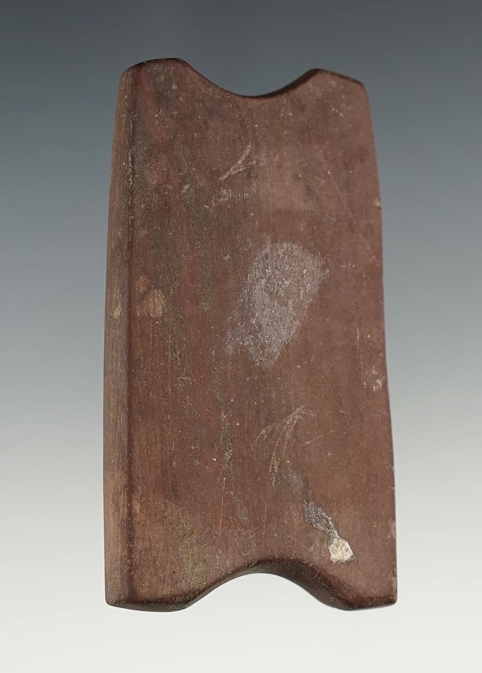 2 7/8" Red Slate Reel Gorget, undrilled. Richland Co., Ohio. Ex. Woods Grey, Jack Hooks.