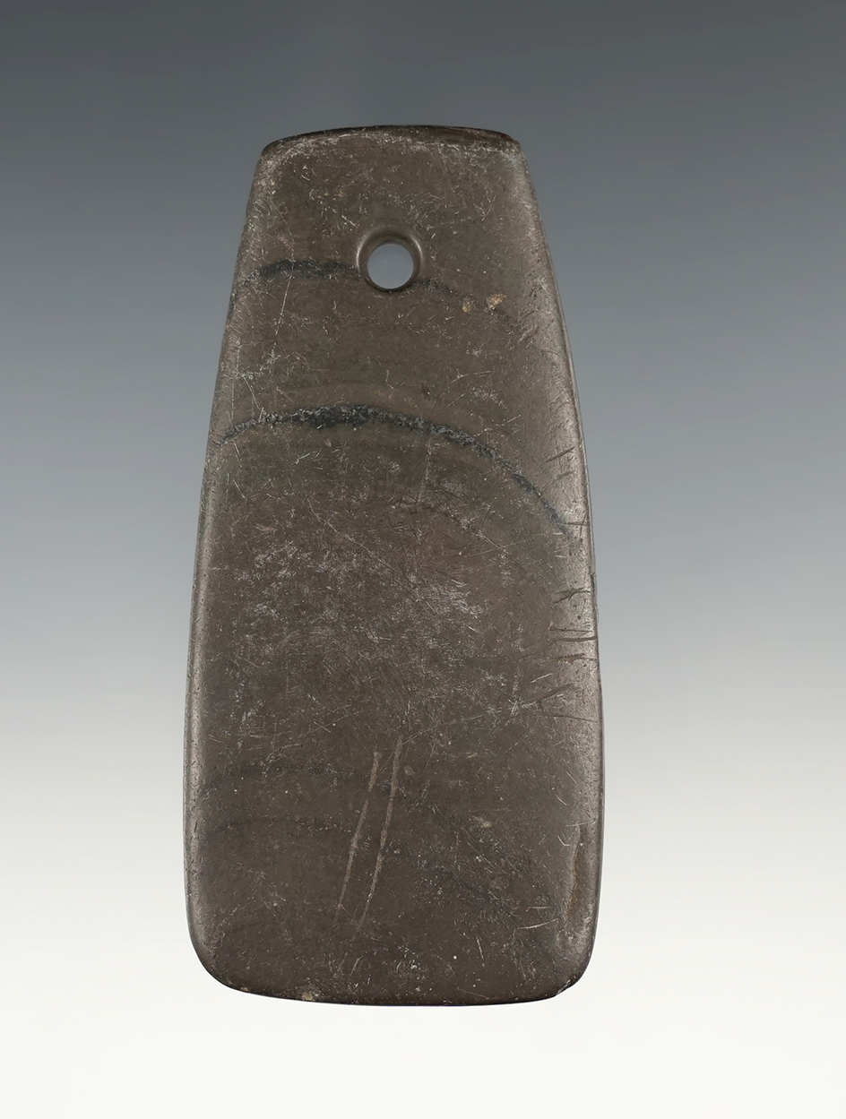 fine 3 5/16" Trapezoidal Pendant - Erie Co., PA with several tallies on one edge.