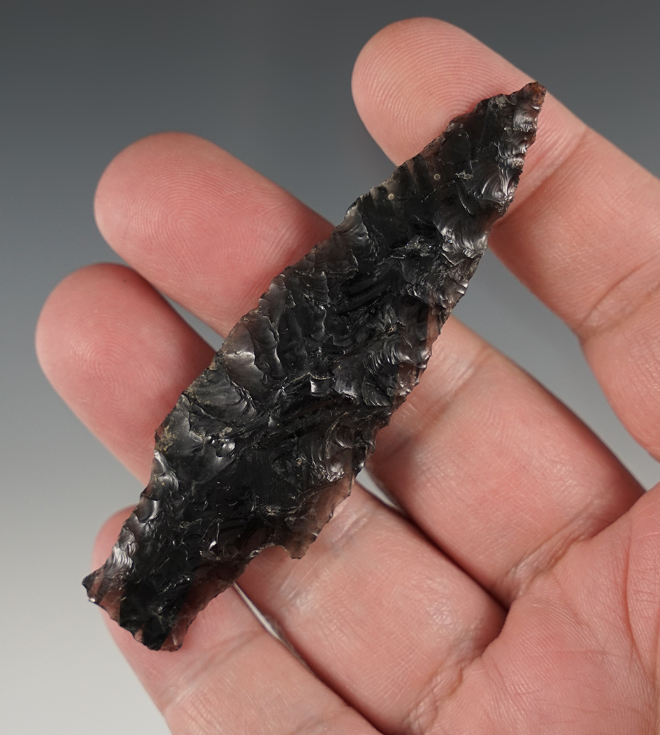 Nicely styled 3 5/16" Kelsey Creek made from translucent banded Obsidian. Found in Oregon.