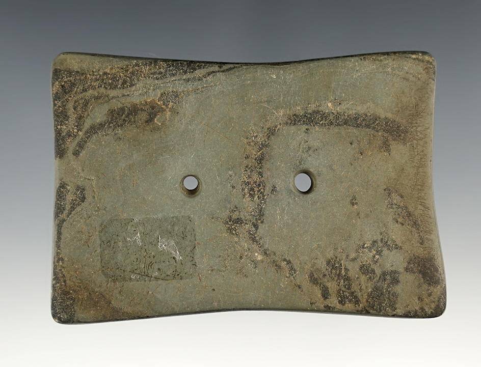 Well made 3 1/8" wide Quadriconcave Gorget found in Logan Co., Ohio. Ex. Toliver collection.