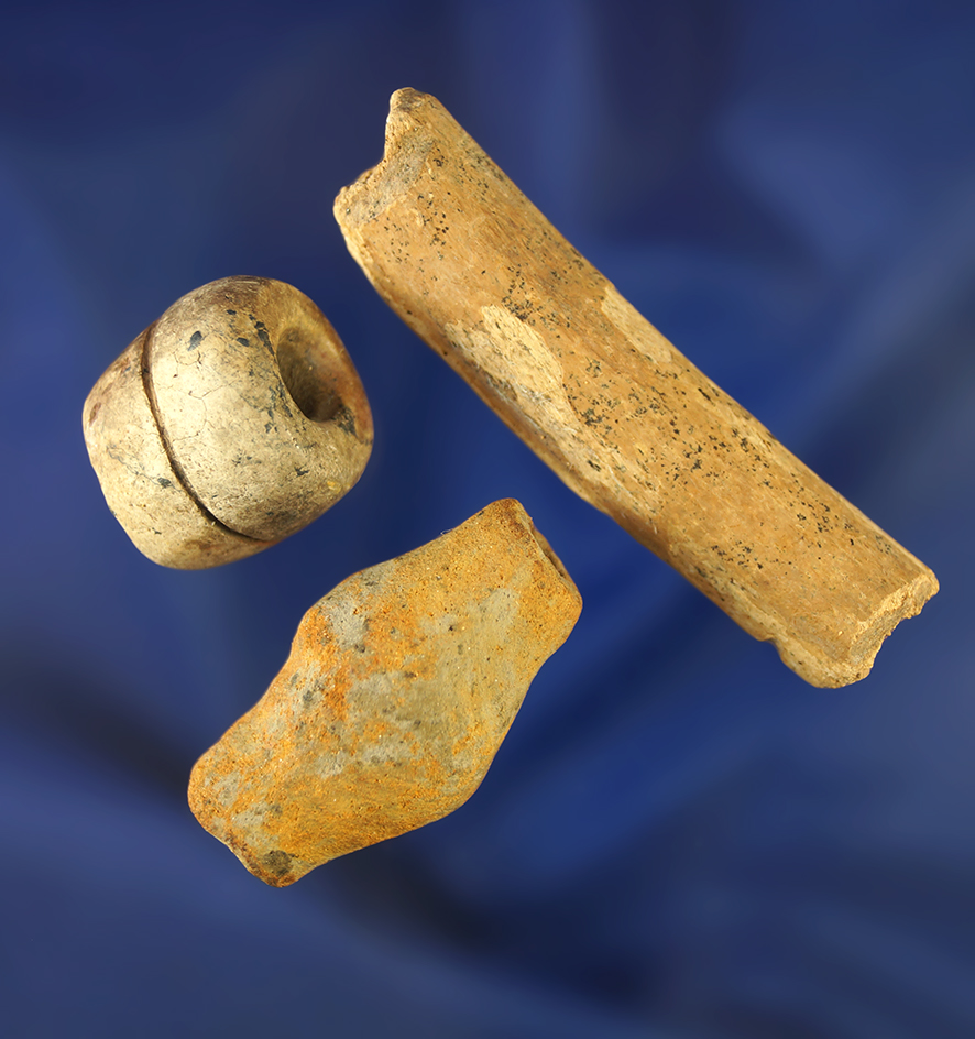 Set of three Drilled Beads, one each of Bone, Stone, and Clay. Longest is 2 1/8".