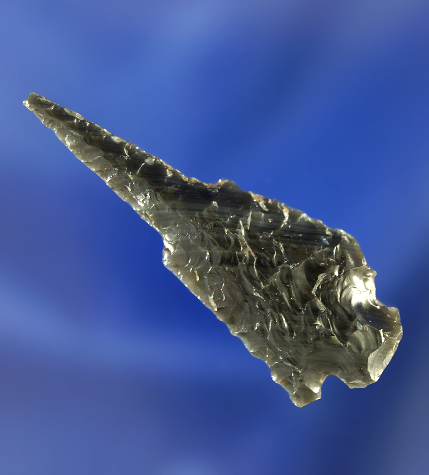 1 3/4" Drill made from obsidian with a very unique perforator style tip. Found by Dewey Schmid