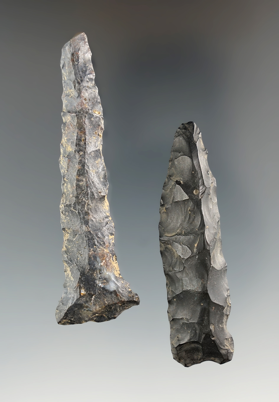 Pair of Coshocton Flint Drills, longest is 2 7/8". Found in Ashland Co., Ohio.