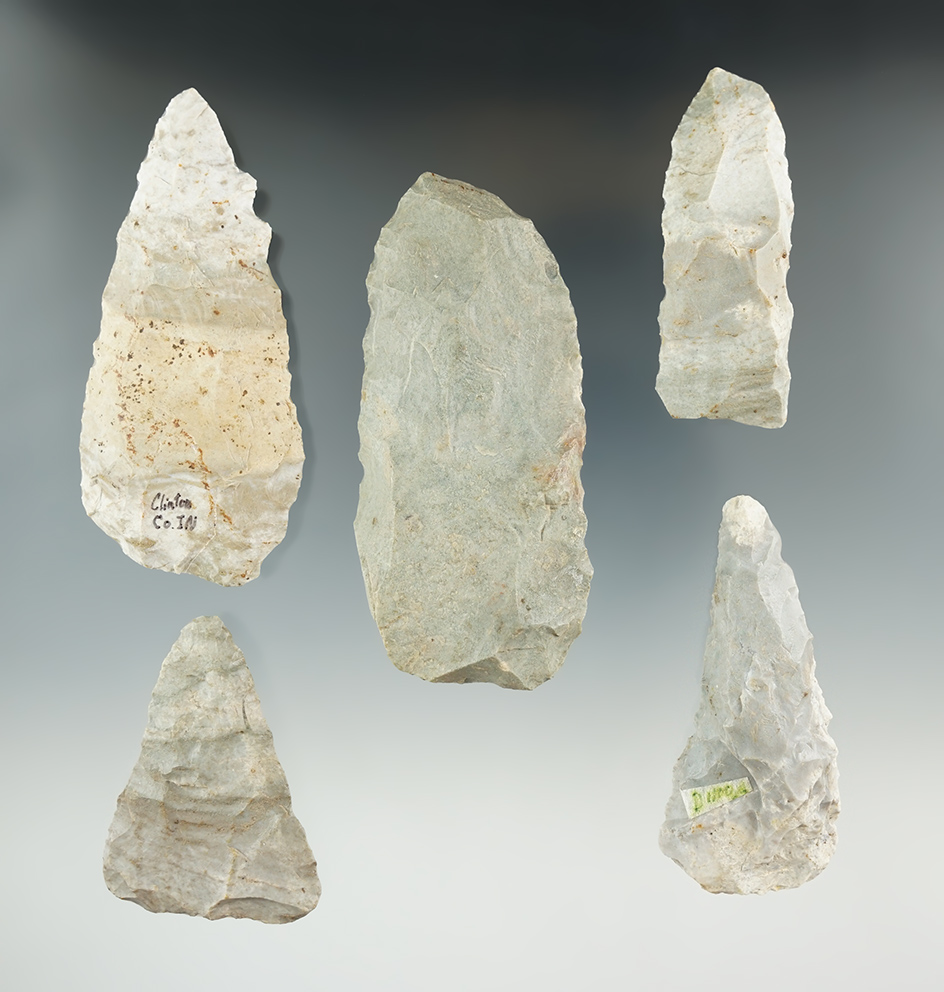 Set of five Flint tools made from Indiana Green Flint. Largest is 3 5/16".