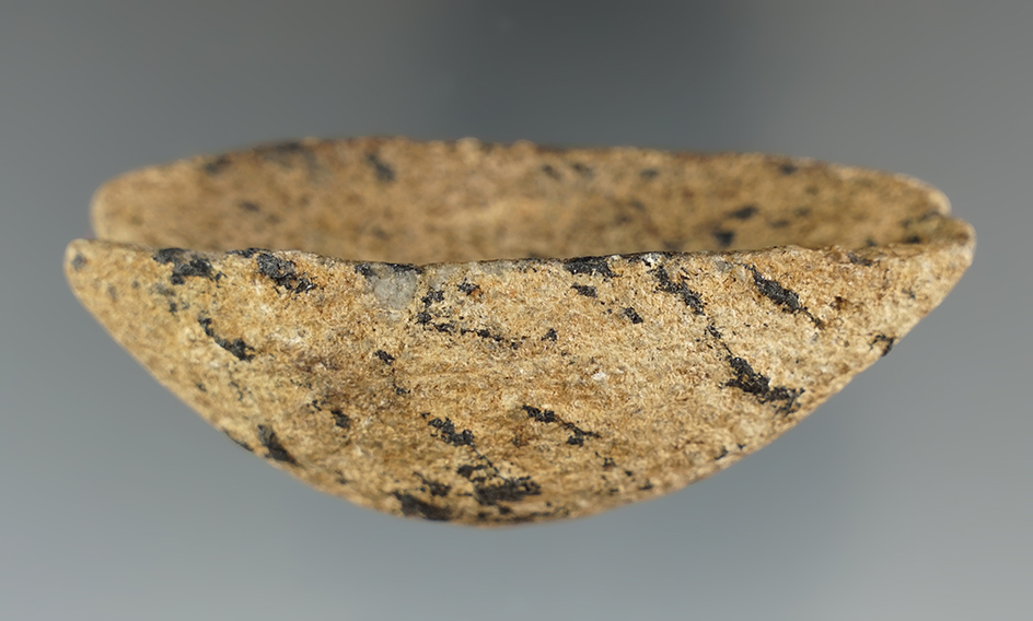 3" Black and cream colored Gneiss drilled Boatstone, nicely scooped. Good wear.