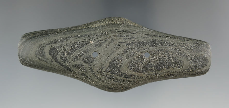 4 1/4" Adena Expanded Center Gorget found in the vicinity of Pendelton, Madison Co., IN.