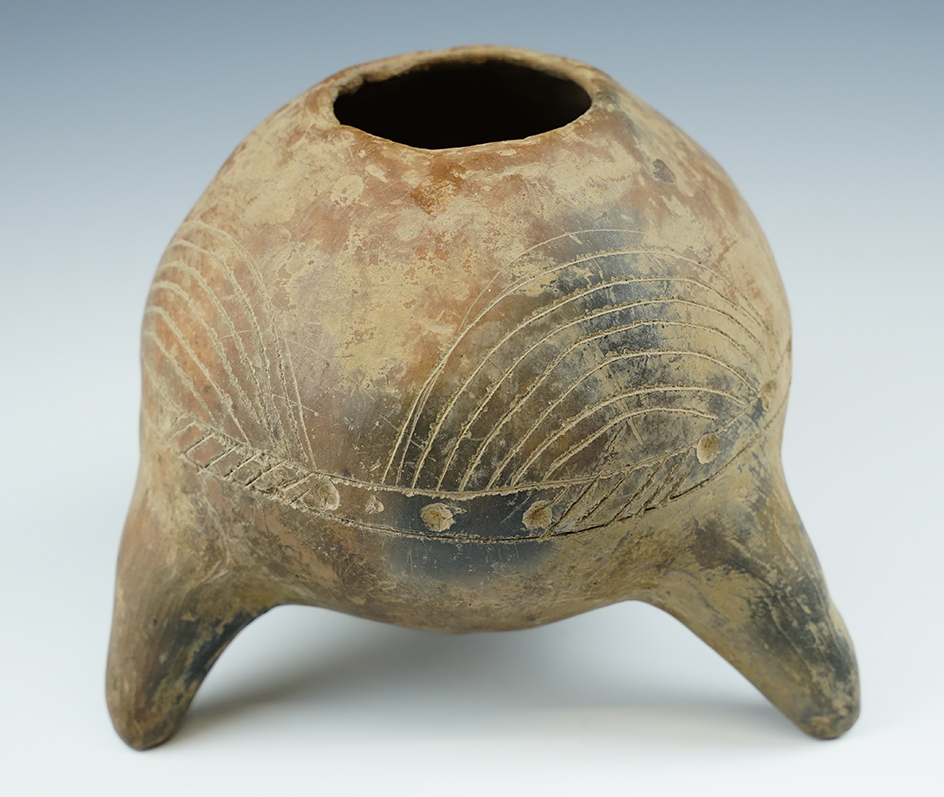 5 3/4" Wide x 5 1/2" tall Pre-Columbian tri-leg pottery jar.
