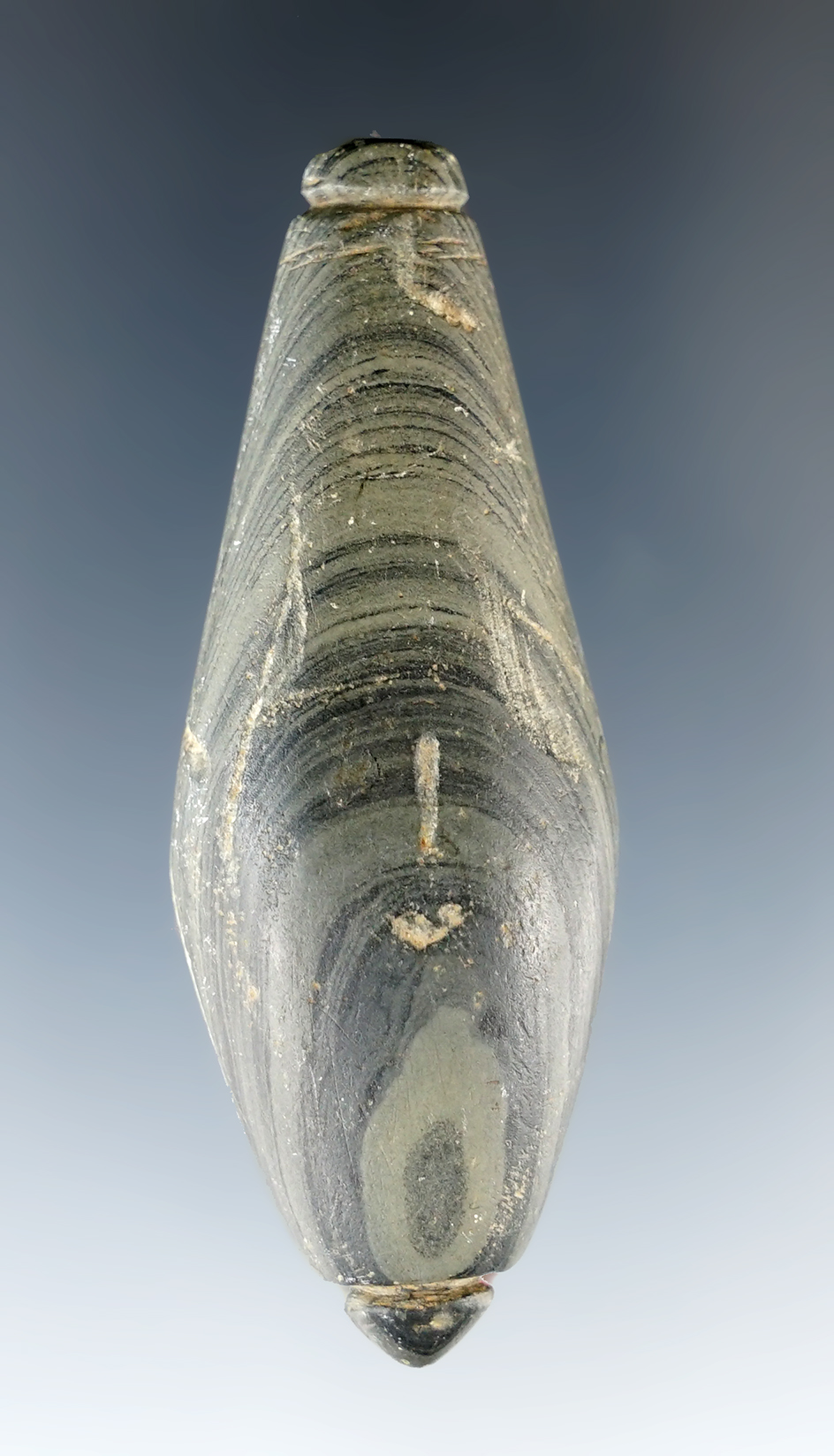 2 5/8" Slate Plummet, grooved at both ends, Ohio.