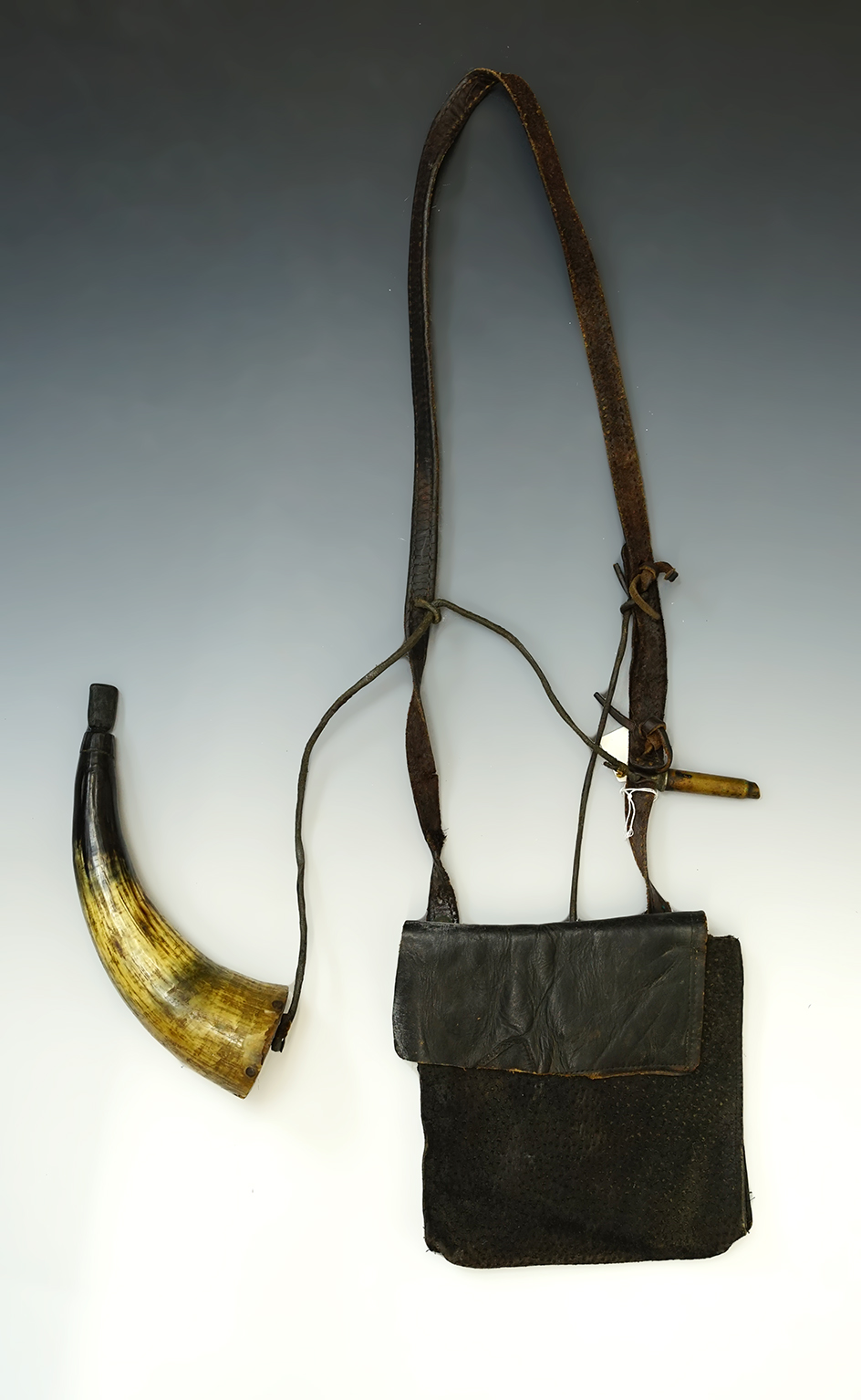 Powder Horn with  leather bag from early 1800's, Ohio.