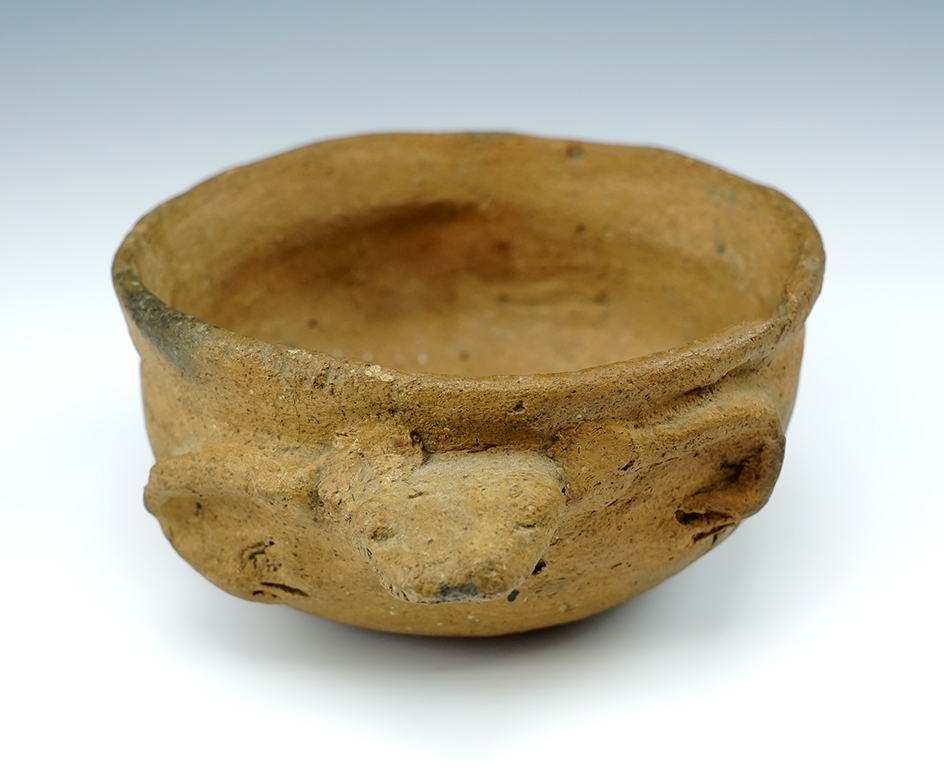 5 3/8" Wide frog effigy shell tempered clay pottery vessel.