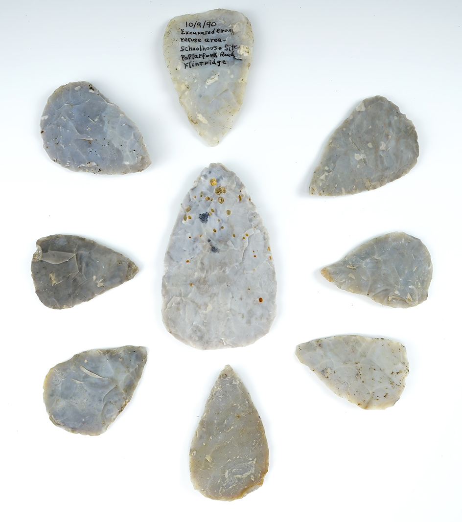 9 Flint Ridge Flint Hopewell preforms Largest is 3 1/4".
