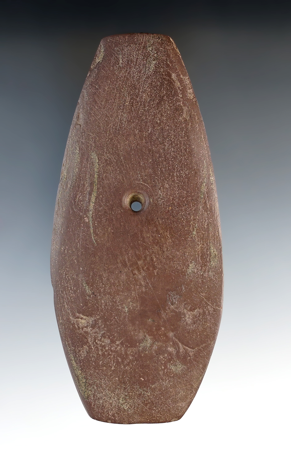 Large 4 7/8" Pendant, red slate. Allegan Co., Michigan.