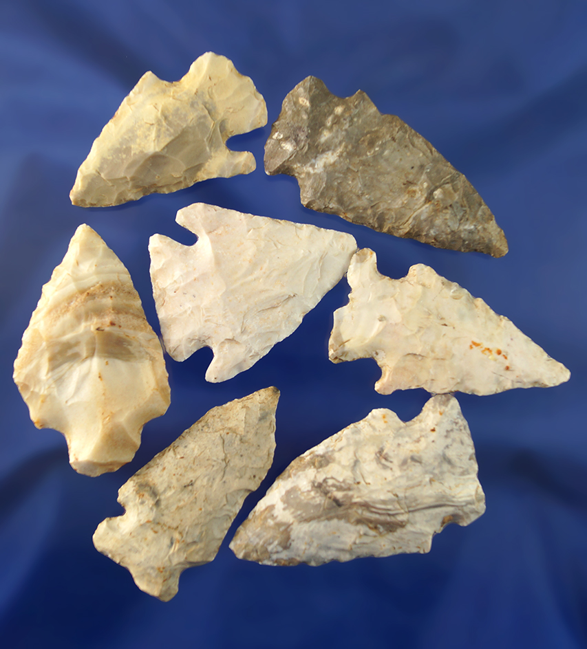 Set of seven assorted Missouri arrowheads, largest is 2 5/16".