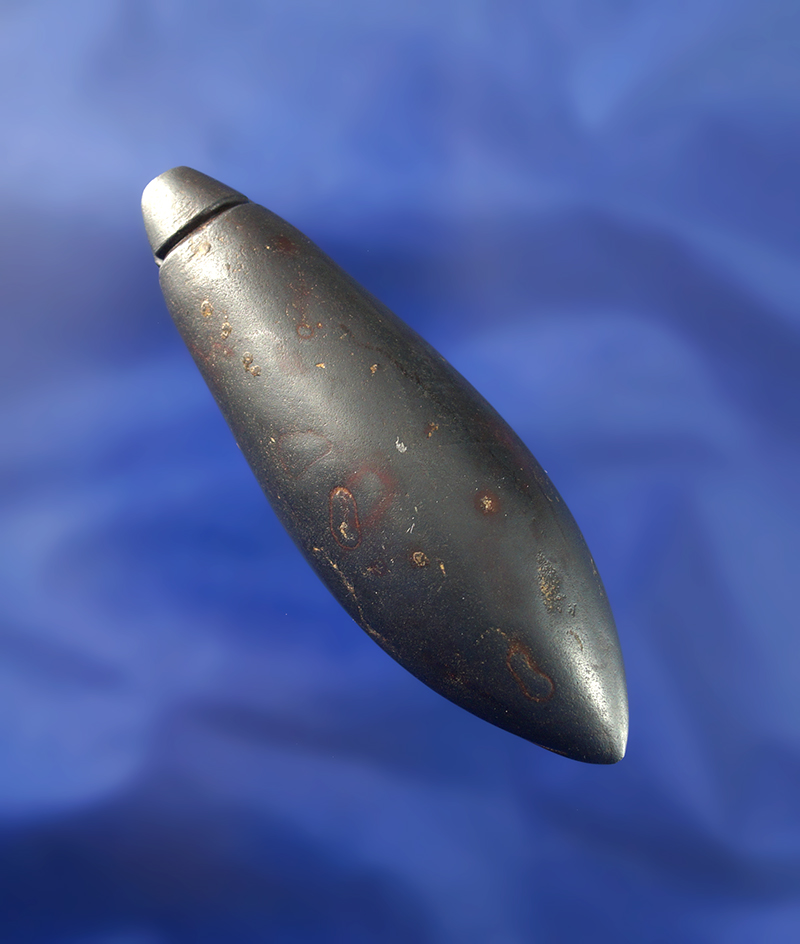 Highly polished 3 1/8" hematite grooved plummet found in central Illinois.