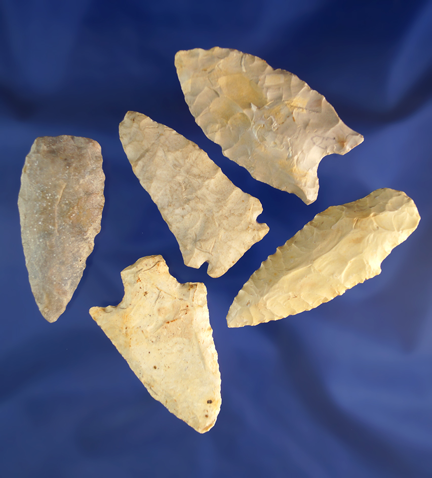 Set of five assorted arrowheads found in Missouri, largest is 2 1/2".