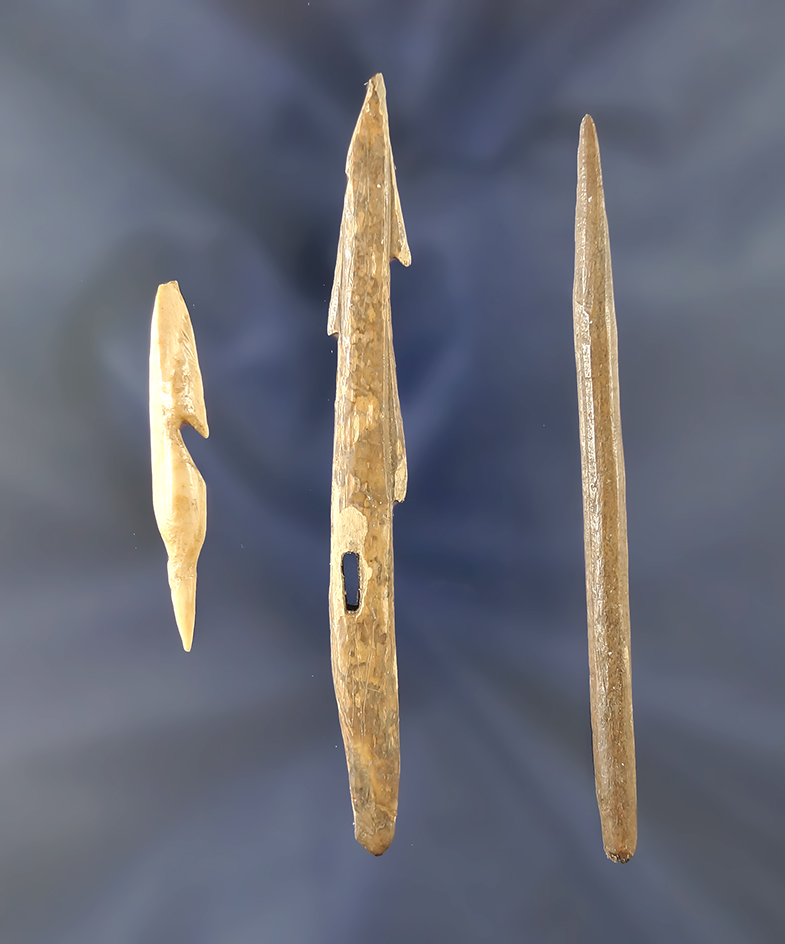 Set of three bone projectile points found in Alaska, largest is 3".