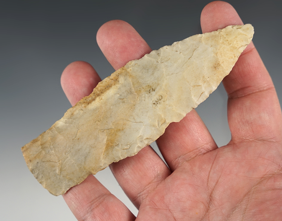 4 3/4" Scottsbluff found in Noble Co., Indiana. Ex. Henry Gorber collection.  Motley COA.