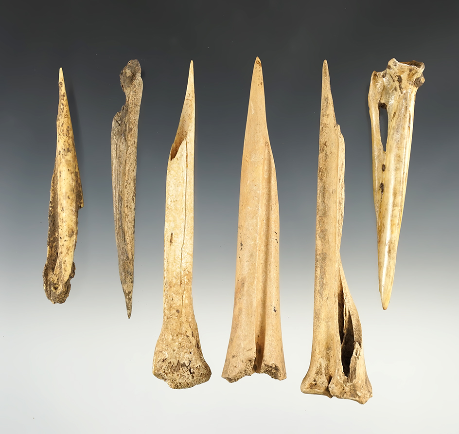 Set of 6 well patinated Bone Awls. The largest is 5 1/2".