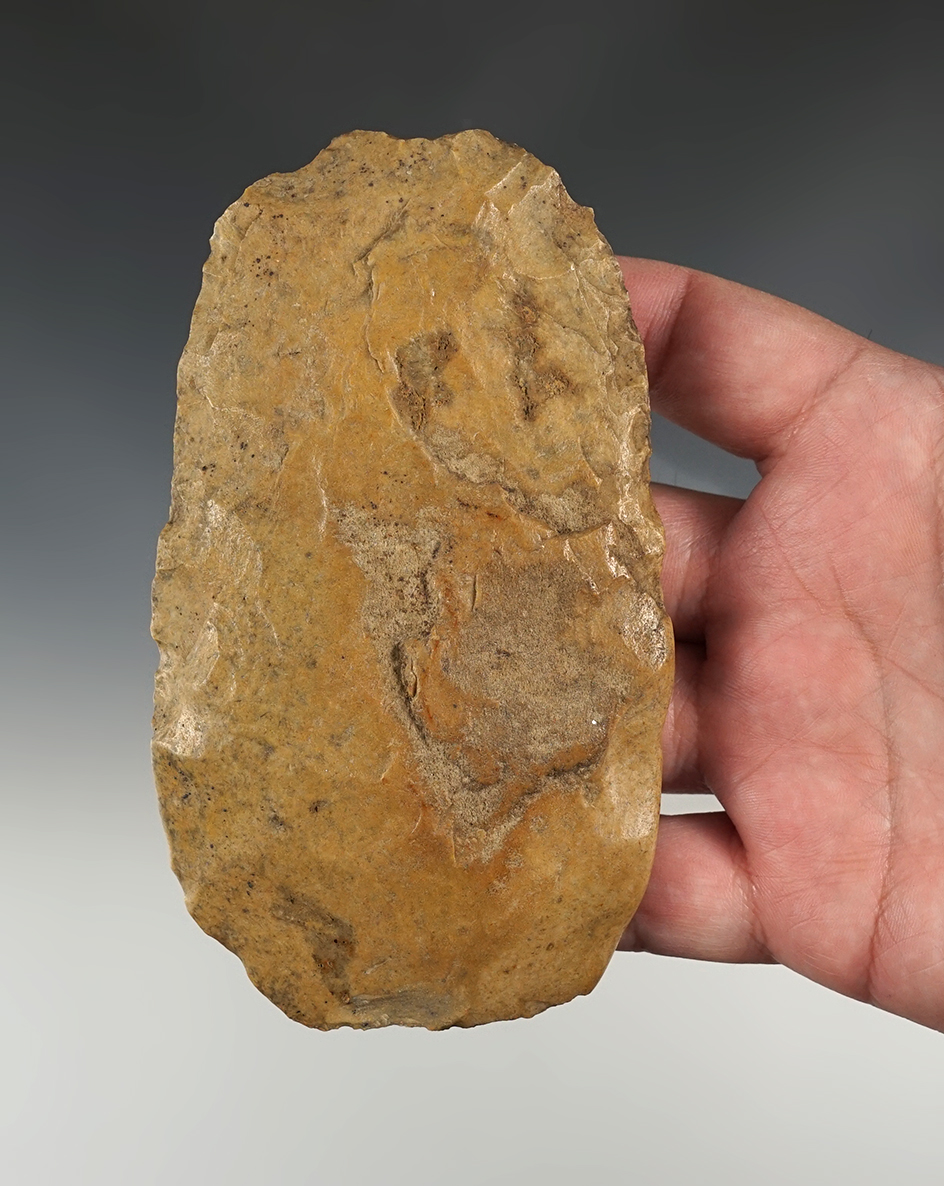 5 1/8" nicely polished Hoe found in White Co., Illinois. Made from Mill Creek Chert.
