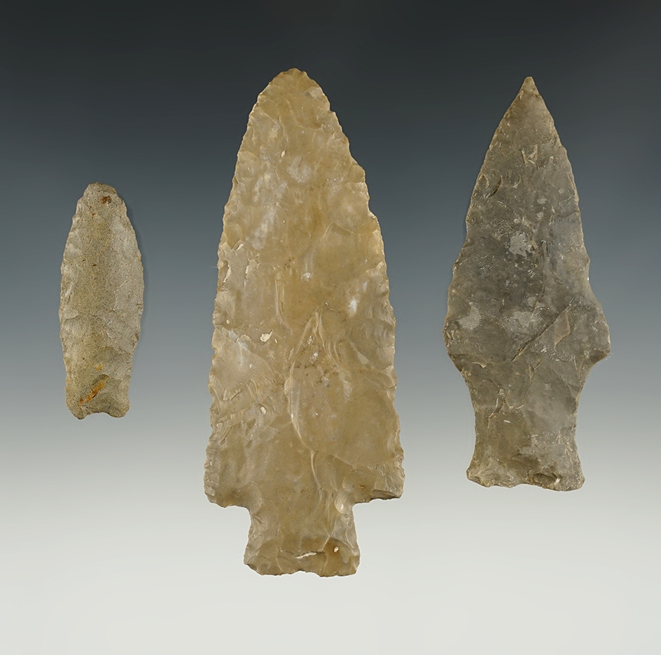 Set of 3 well made points found in Oklahoma and Texas. The largest is 3 15/16". 3 COA's.