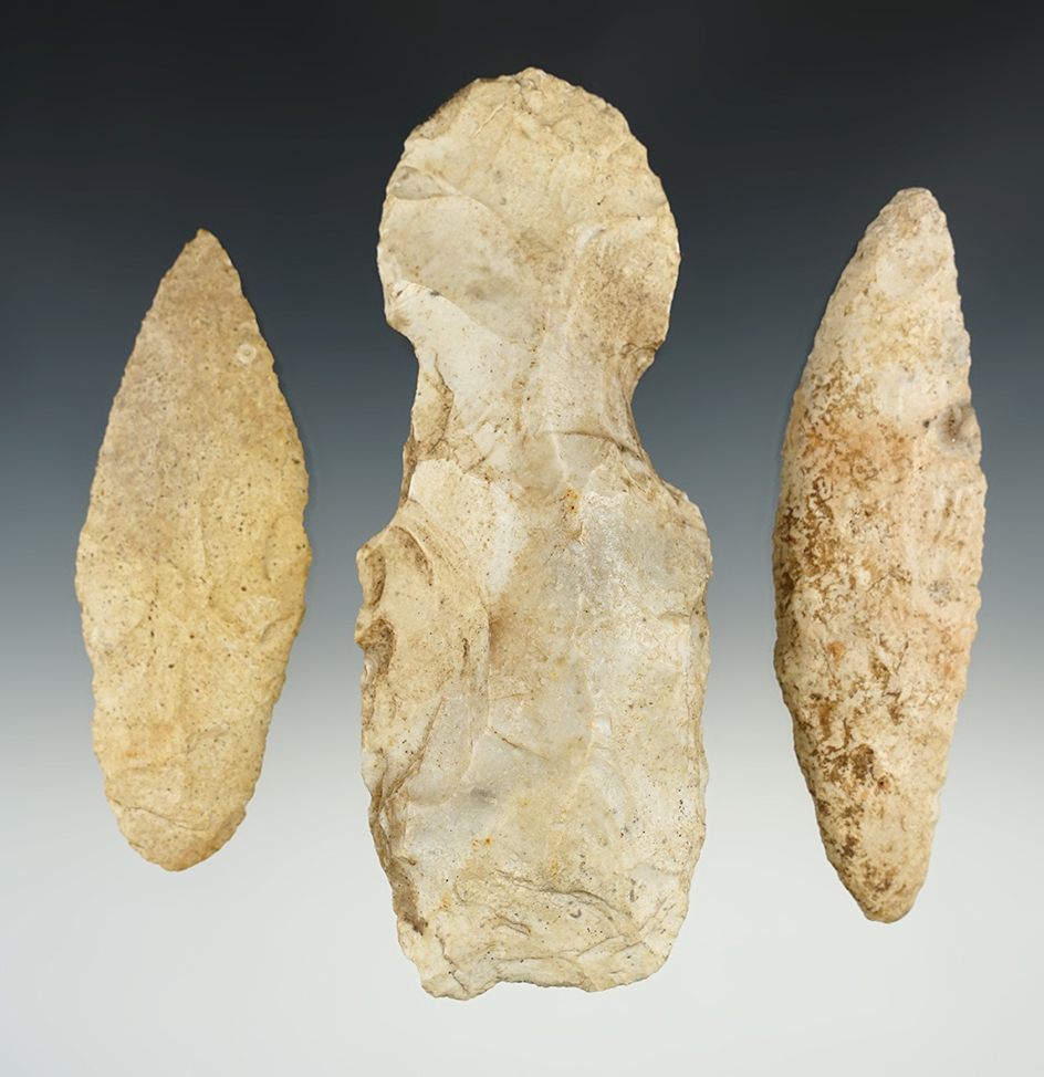 Set of 3 nicely made flint artifacts found in Missouri/Illinois. The largest is 5 3/4". 3 COAs.