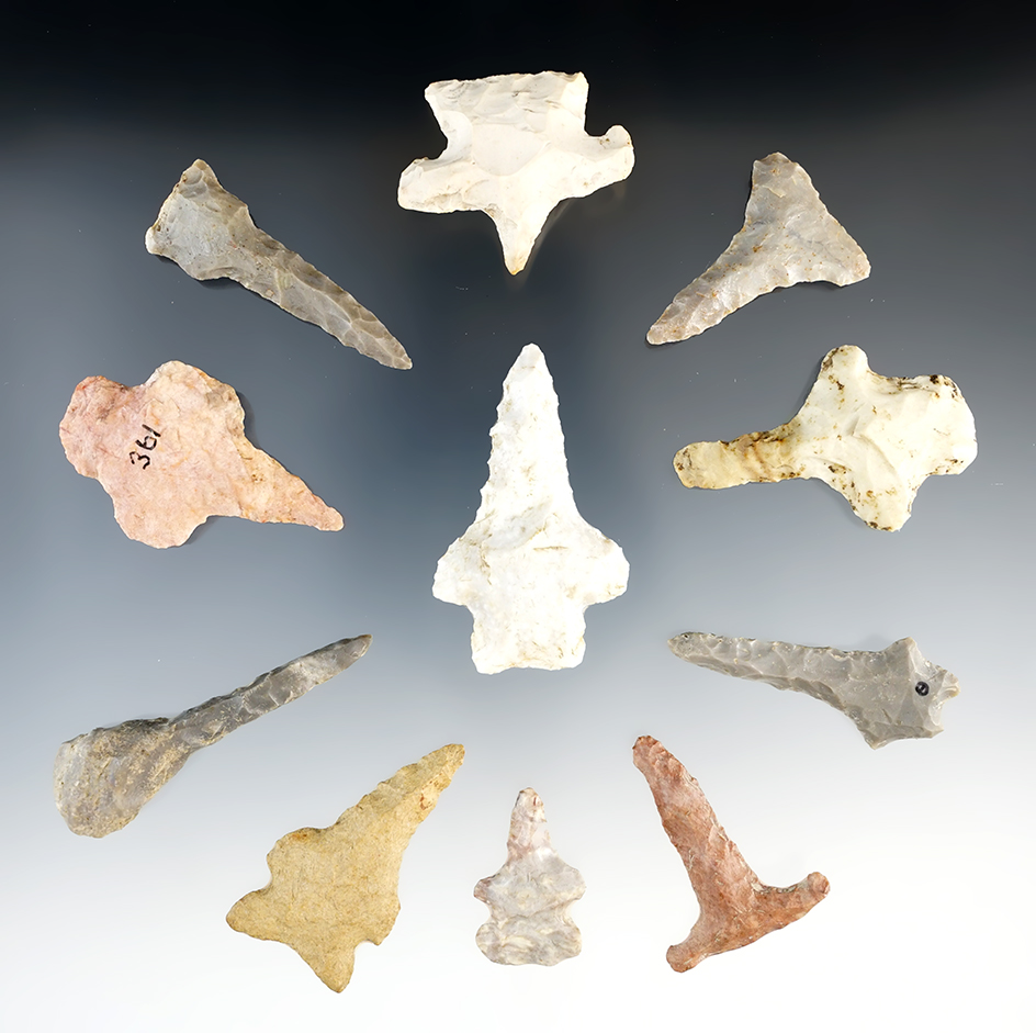 Set of 11 well patinated Drills found in the Midwest. The largest is 2 3/16".