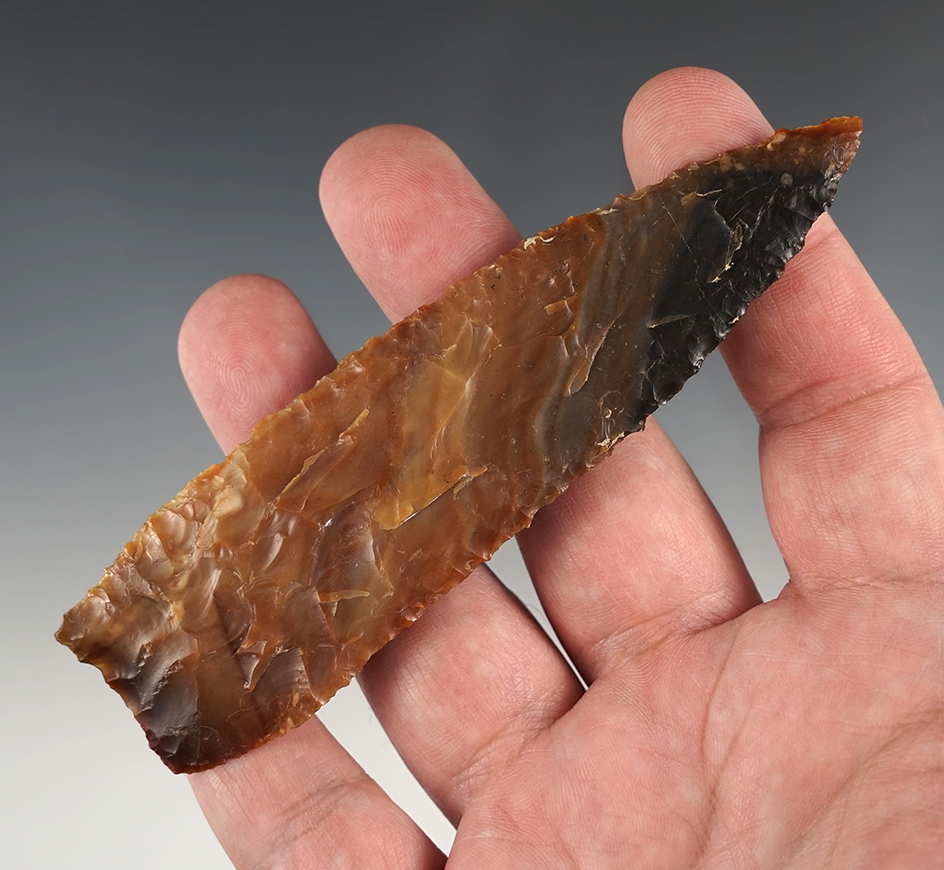 Colorful 4 5/8" Lanceolate Knife - Sauvies Island, Oregon. Broken and glued near the tip. COA.