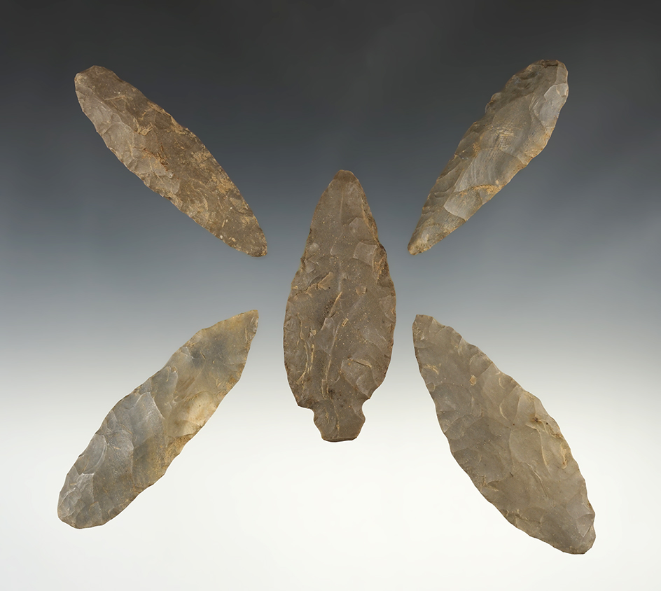 Set of 5 Hornstone Blades and points found in Peru, Indiana. The largest is 3 9/16".