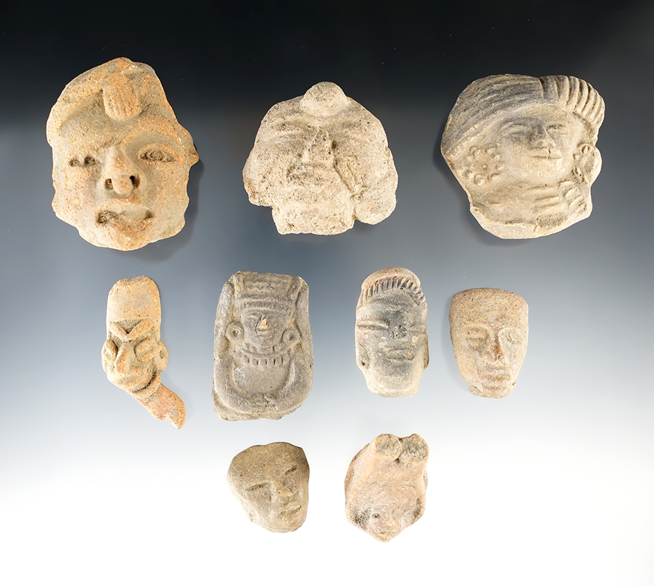 Set of 9 ancient PreColumbian Pottery Heads found in Mexico. The largest is 2 3/8".