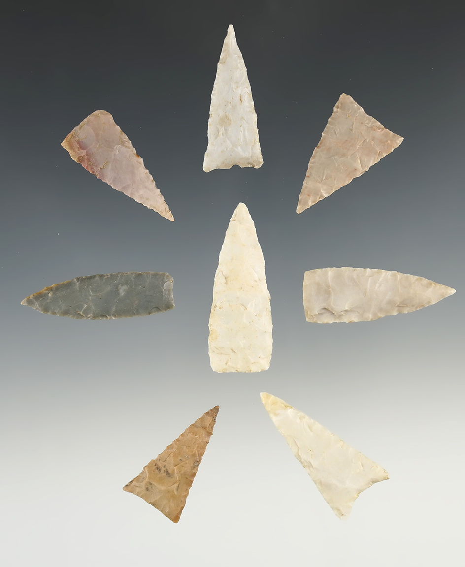 Set of 8 well made Triangle points found in Kentucky/Tennessee. The largest is 1 3/4".