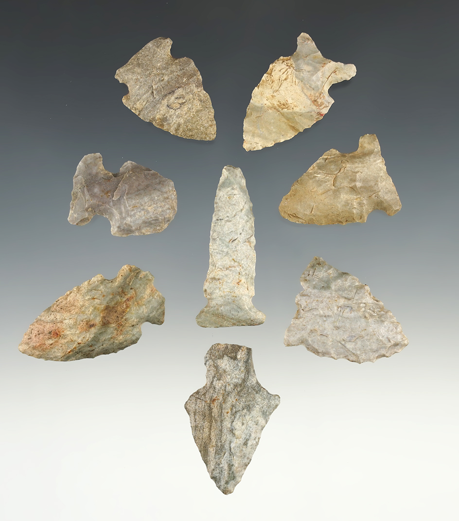 Set of 8 nice points made from Indiana Green (Attica chert).  Found in Parke Co., Indiana.