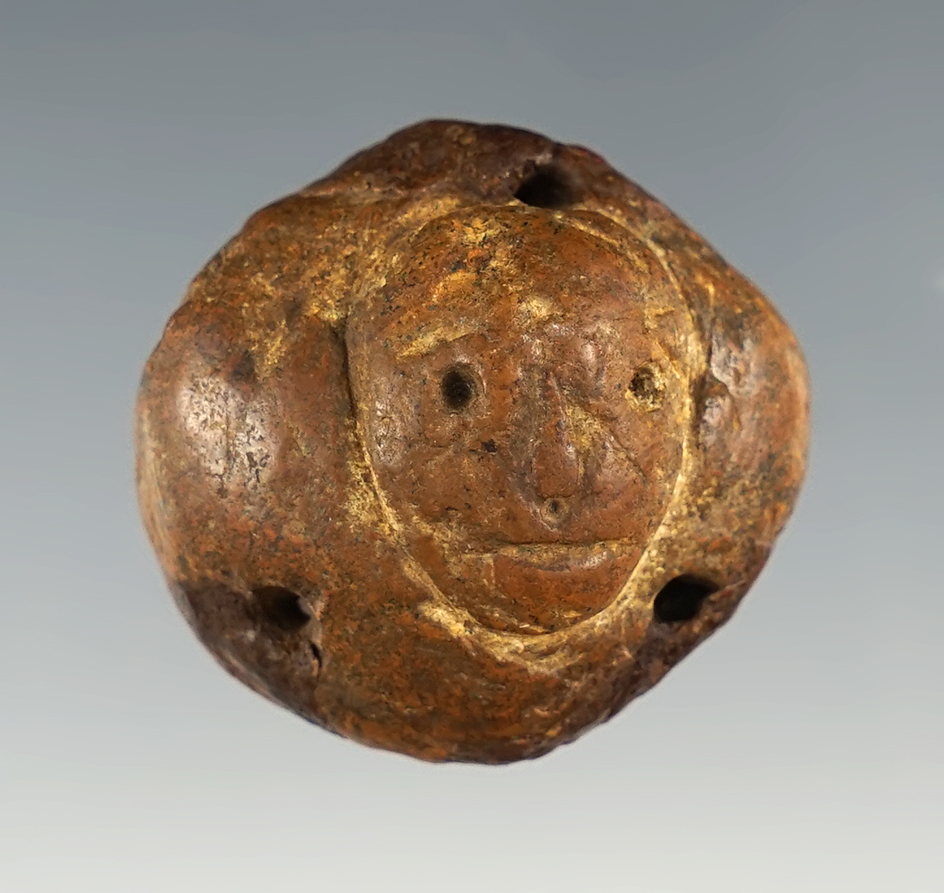 Exceptionally rare!  1 1/8" Human Face 3-Hole Adornment found in Hamilton Co., Ohio.