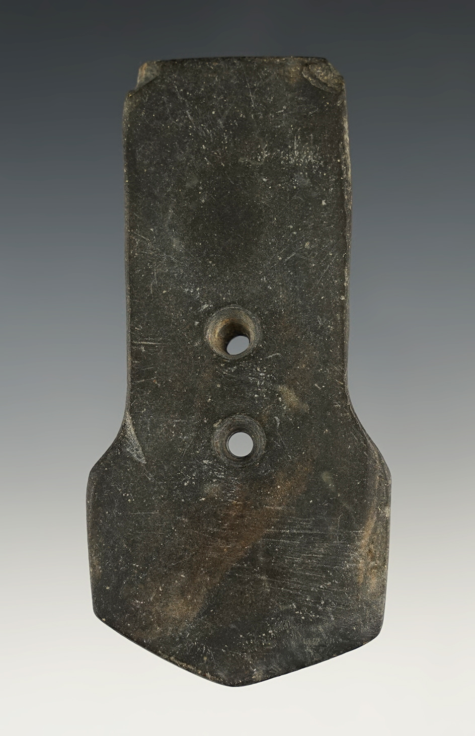 Rare and uniquely styled 3 9/16" 2-Hole Shovel Pendant found in Belpre, Washington Co., Ohio.
